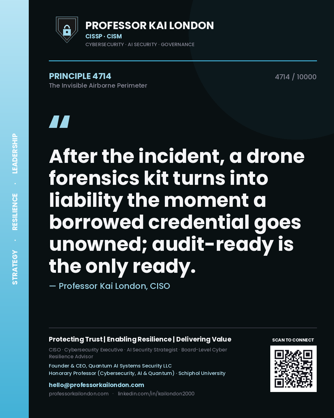 Quote card by Professor Kai London reading 'After the incident, a drone forensics kit turns into liability the moment a borrowed credential goes unowned; audit-ready is the only ready.'. From the book The Invisible Airborne Perimeter.