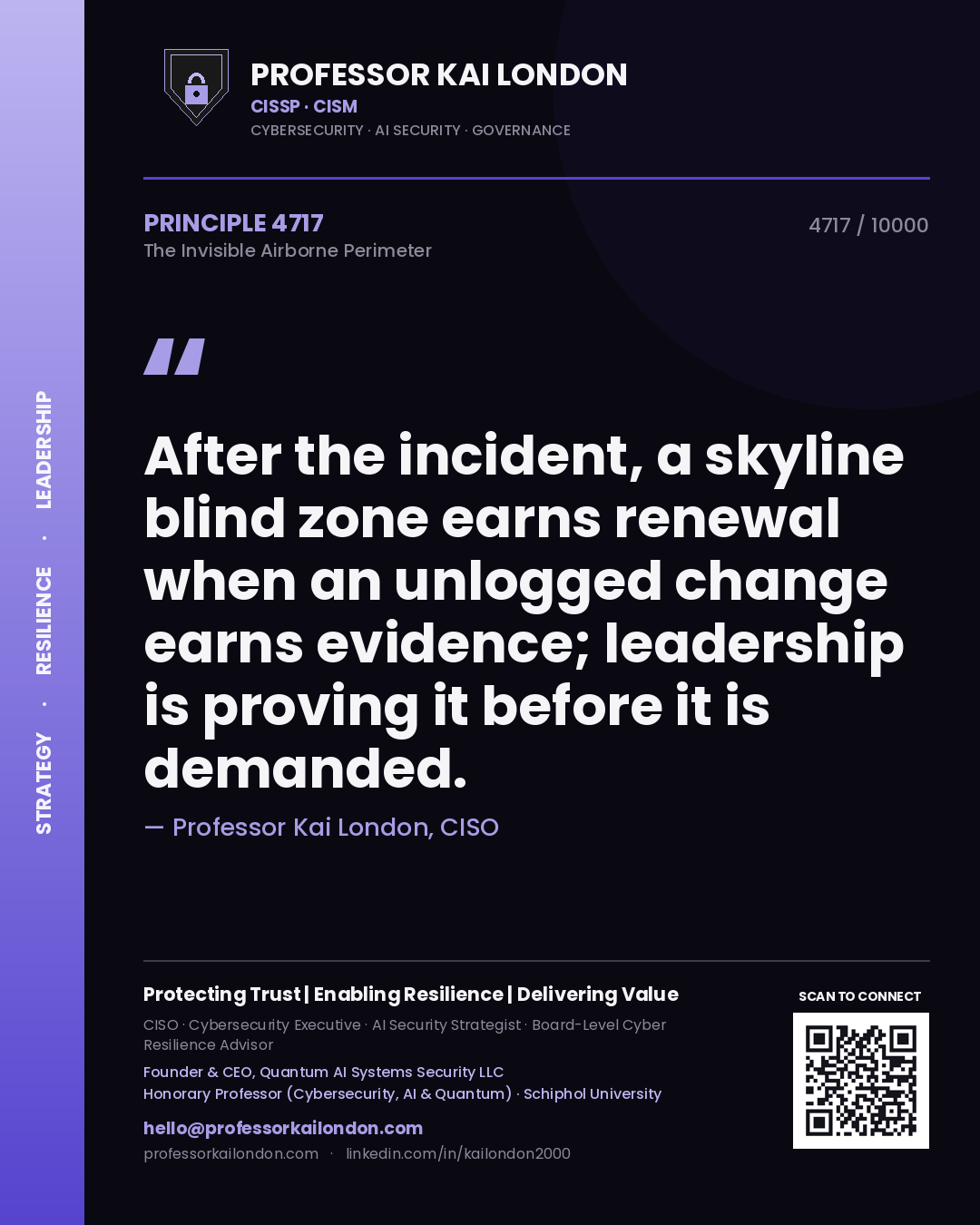 Professor Kai London principle 4717: After the incident, a skyline blind zone earns renewal when an unlogged change earns evidence; leadership is proving it before it is demanded.