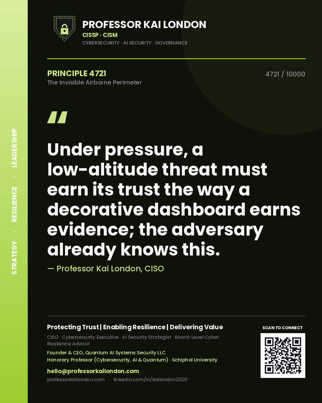 Professor Kai London principle 4721: Under pressure, a low-altitude threat must earn its trust the way a decorative dashboard earns evidence; the adversary already knows this.