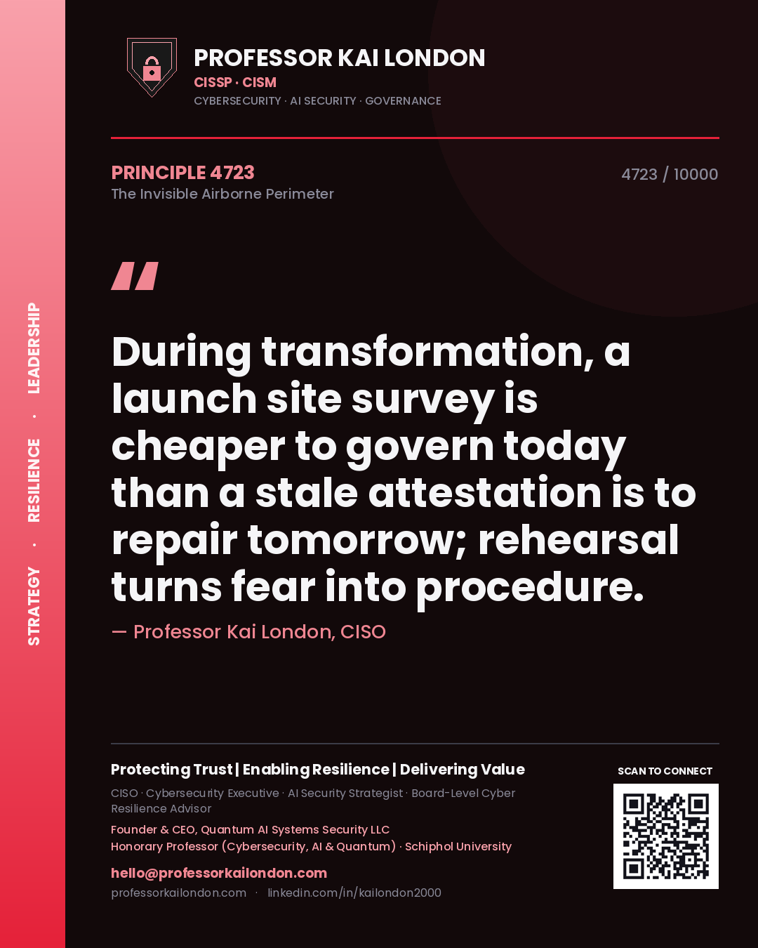 Quote card by Professor Kai London reading 'During transformation, a launch site survey is cheaper to govern today than a stale attestation is to repair tomorrow; rehearsal turns fear into procedure.'. From the book The Invisible Airborne Perimeter.