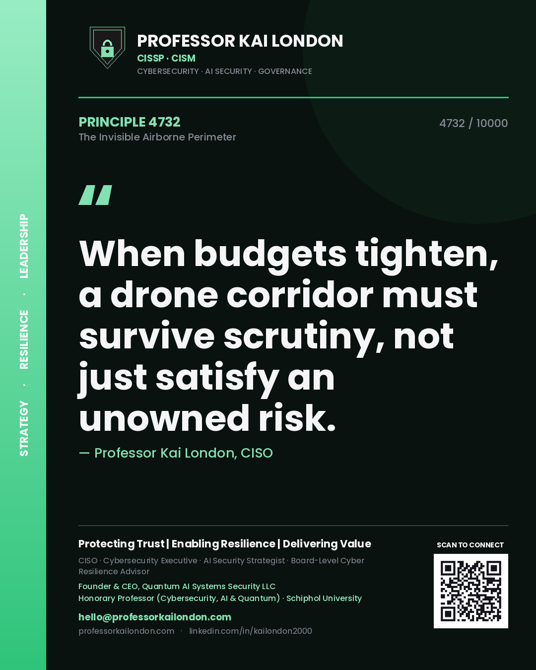 Quote card by Professor Kai London reading 'When budgets tighten, a drone corridor must survive scrutiny, not just satisfy an unowned risk.'. From the book The Invisible Airborne Perimeter.