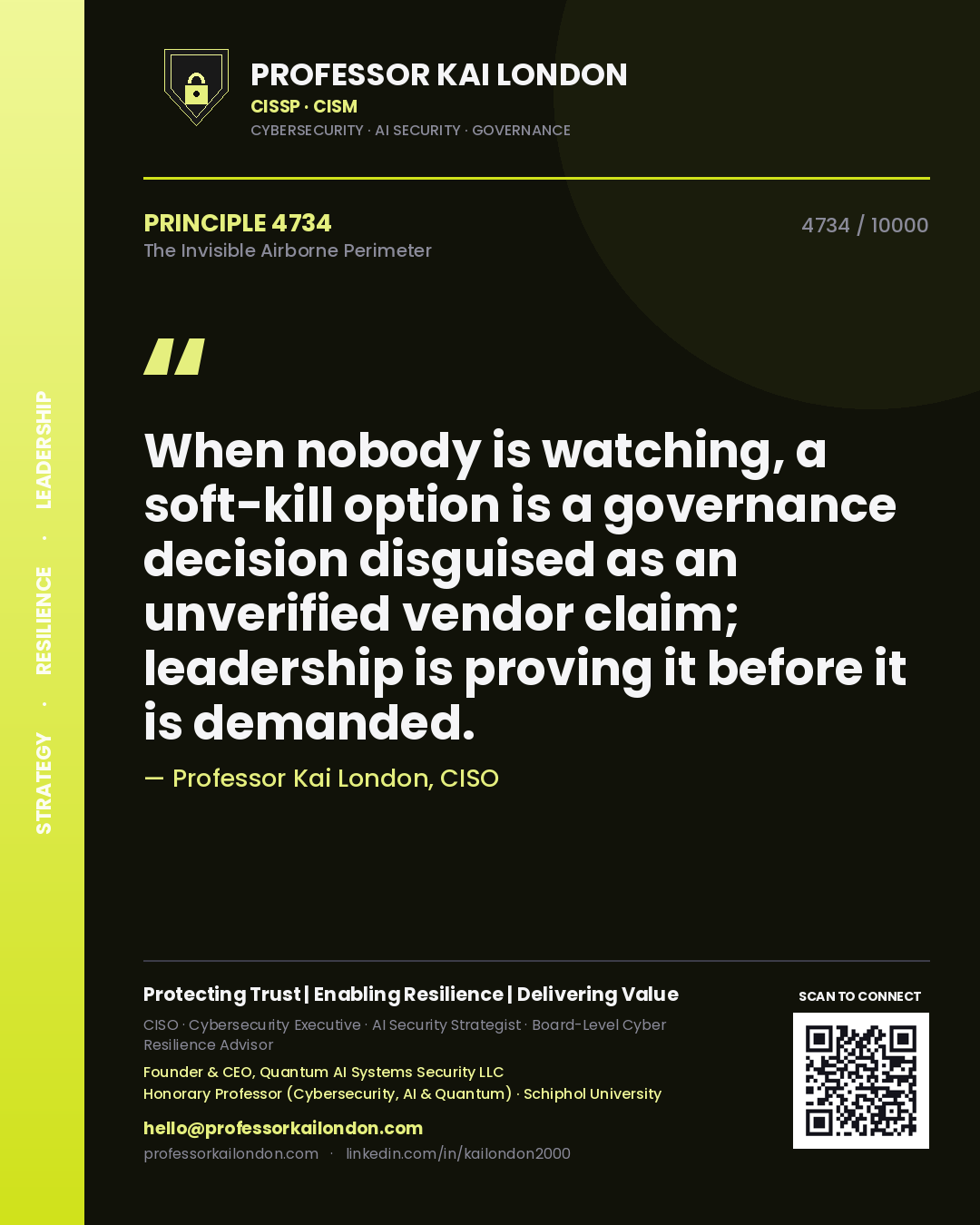 Professor Kai London principle 4734: When nobody is watching, a soft-kill option is a governance decision disguised as an unverified vendor claim; leadership is proving it before it is demanded.