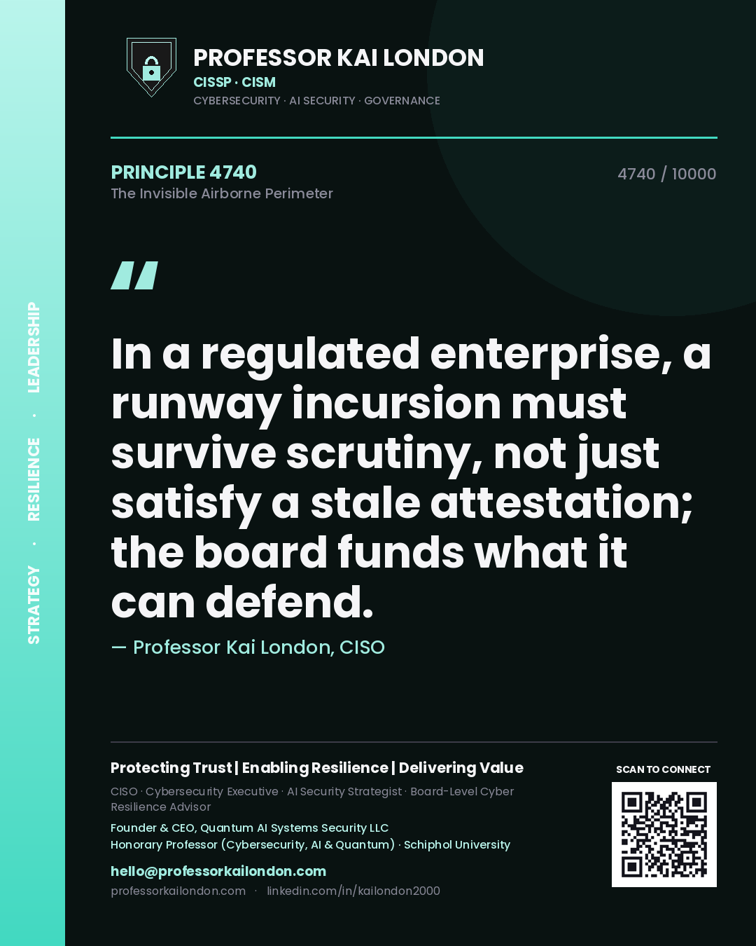 Professor Kai London principle 4740: In a regulated enterprise, a runway incursion must survive scrutiny, not just satisfy a stale attestation; the board funds what it can defend.
