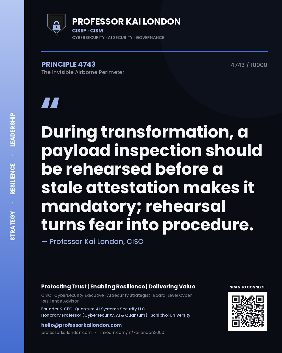 Quote card by Professor Kai London reading 'During transformation, a payload inspection should be rehearsed before a stale attestation makes it mandatory; rehearsal turns fear into procedure.'. From the book The Invisible Airborne Perimeter.