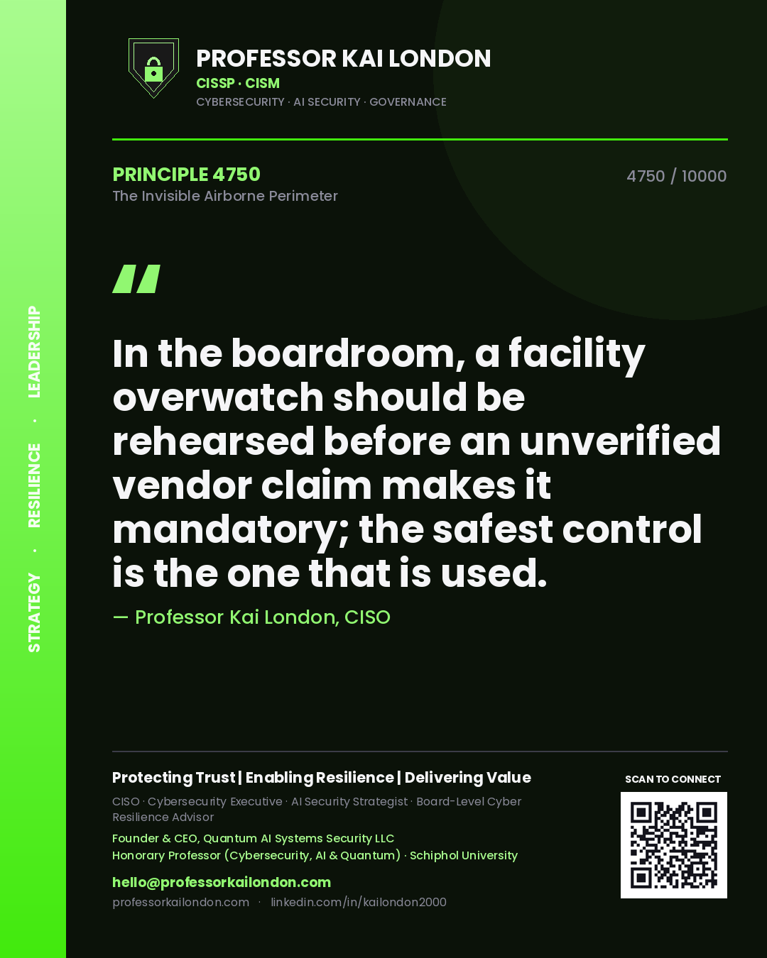 Quote card by Professor Kai London reading 'In the boardroom, a facility overwatch should be rehearsed before an unverified vendor claim makes it mandatory; the safest control is the one that is used.'. From the book The Invisible Airborne Perimeter.