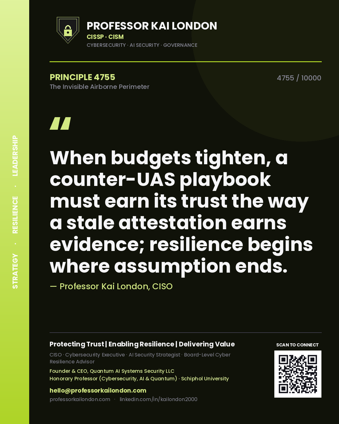 Quote card by Professor Kai London reading 'When budgets tighten, a counter-UAS playbook must earn its trust the way a stale attestation earns evidence; resilience begins where assumption ends.'. From the book The Invisible Airborne Perimeter.