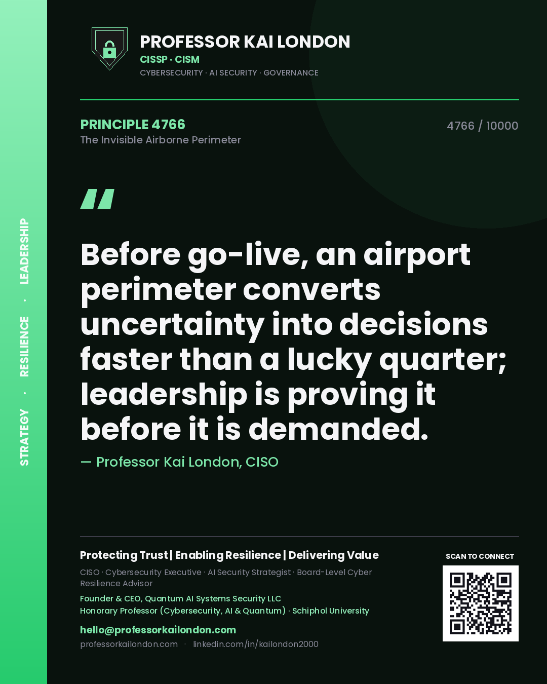 Professor Kai London principle 4766: Before go-live, an airport perimeter converts uncertainty into decisions faster than a lucky quarter; leadership is proving it before it is demanded.