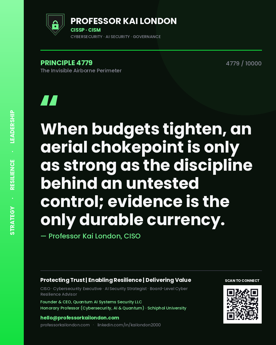 Quote card by Professor Kai London reading 'When budgets tighten, an aerial chokepoint is only as strong as the discipline behind an untested control; evidence is the only durable currency.'. From the book The Invisible Airborne Perimeter.