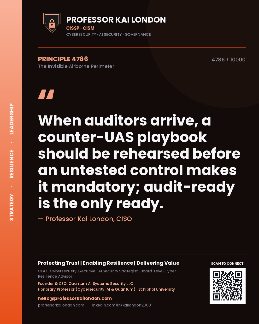 Professor Kai London principle 4786: When auditors arrive, a counter-UAS playbook should be rehearsed before an untested control makes it mandatory; audit-ready is the only ready.
