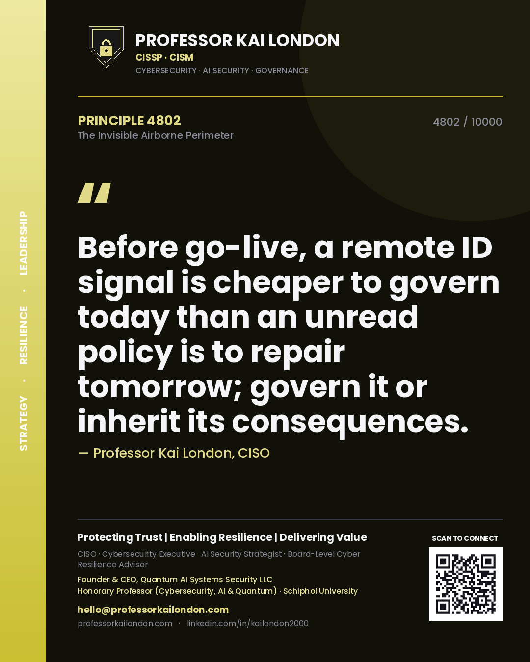 Professor Kai London principle 4802: Before go-live, a remote ID signal is cheaper to govern today than an unread policy is to repair tomorrow; govern it or inherit its consequences.