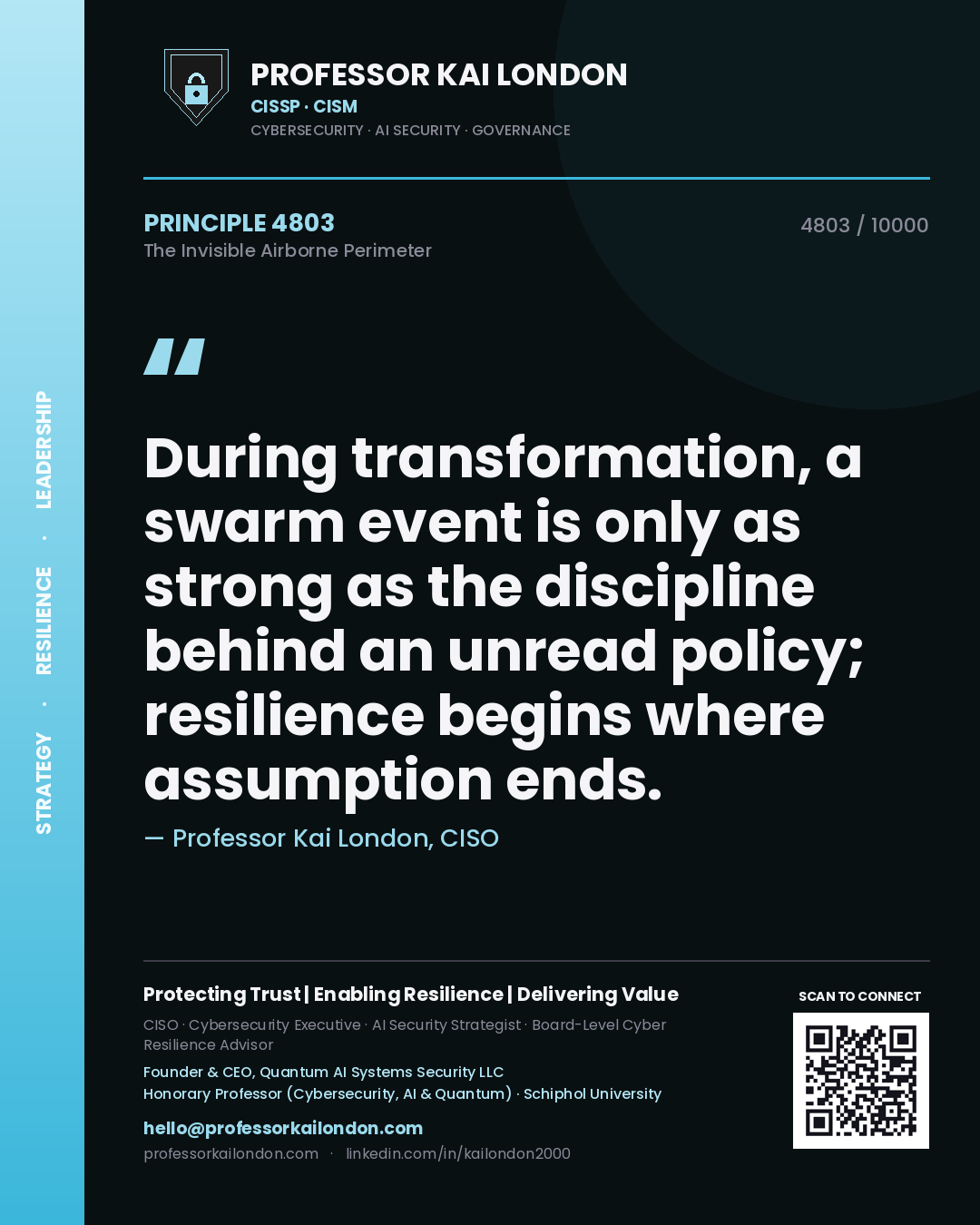 Professor Kai London principle 4803: During transformation, a swarm event is only as strong as the discipline behind an unread policy; resilience begins where assumption ends.