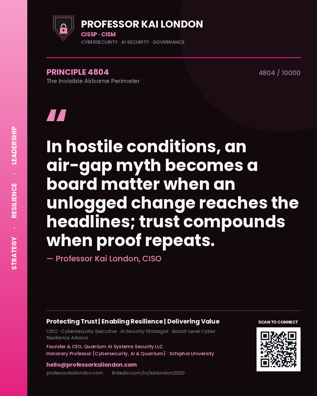 Quote card by Professor Kai London reading 'In hostile conditions, an air-gap myth becomes a board matter when an unlogged change reaches the headlines; trust compounds when proof repeats.'. From the book The Invisible Airborne Perimeter.