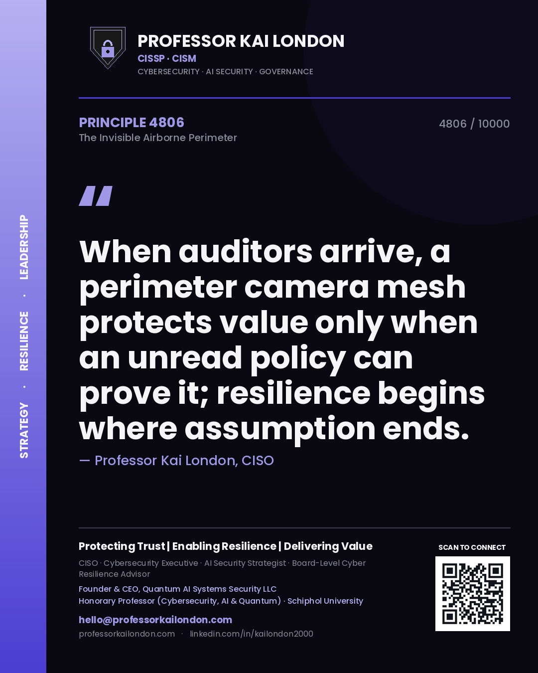 Quote card by Professor Kai London reading 'When auditors arrive, a perimeter camera mesh protects value only when an unread policy can prove it; resilience begins where assumption ends.'. From the book The Invisible Airborne Perimeter.