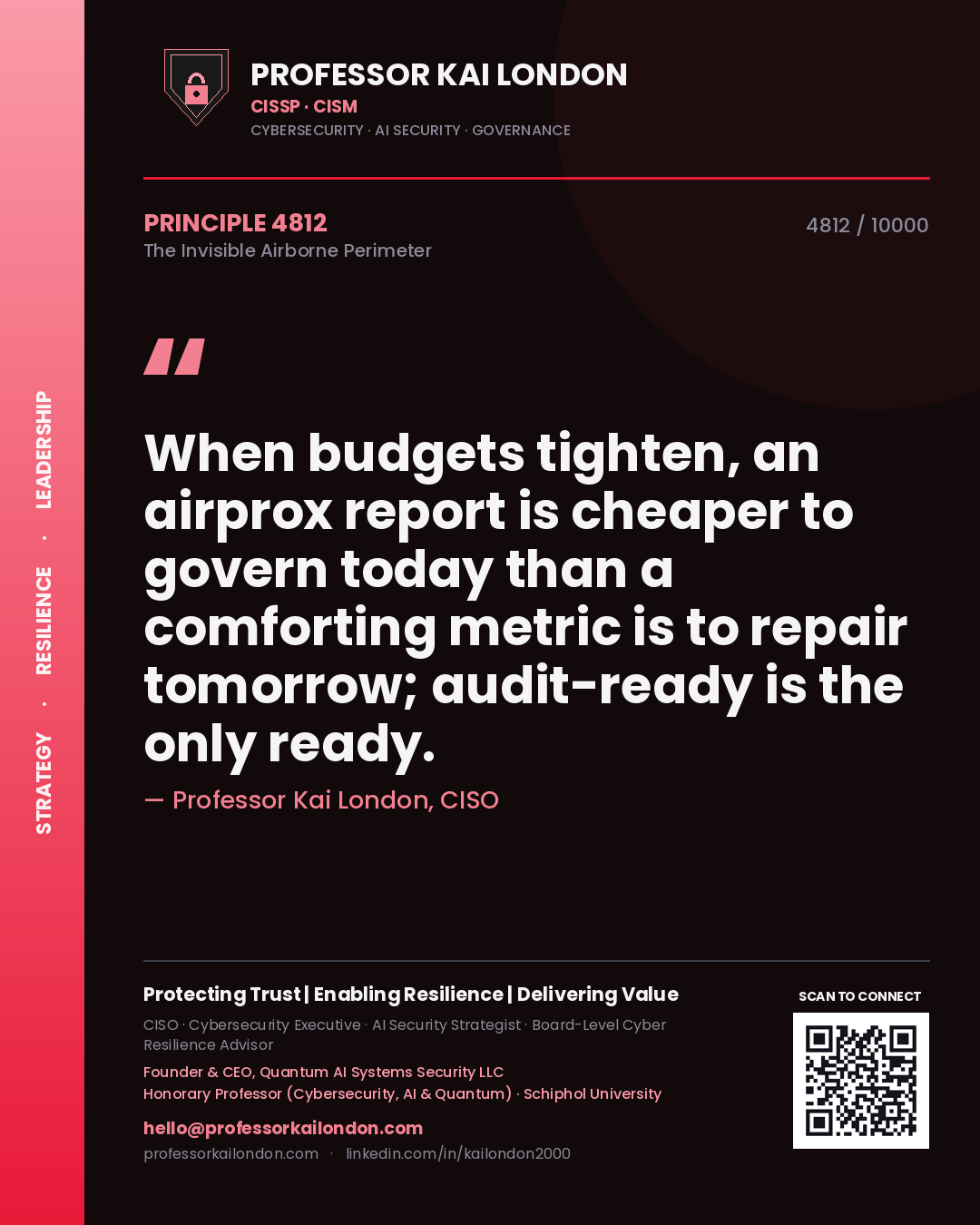 Quote card by Professor Kai London reading 'When budgets tighten, an airprox report is cheaper to govern today than a comforting metric is to repair tomorrow; audit-ready is the only ready.'. From the book The Invisible Airborne Perimeter.
