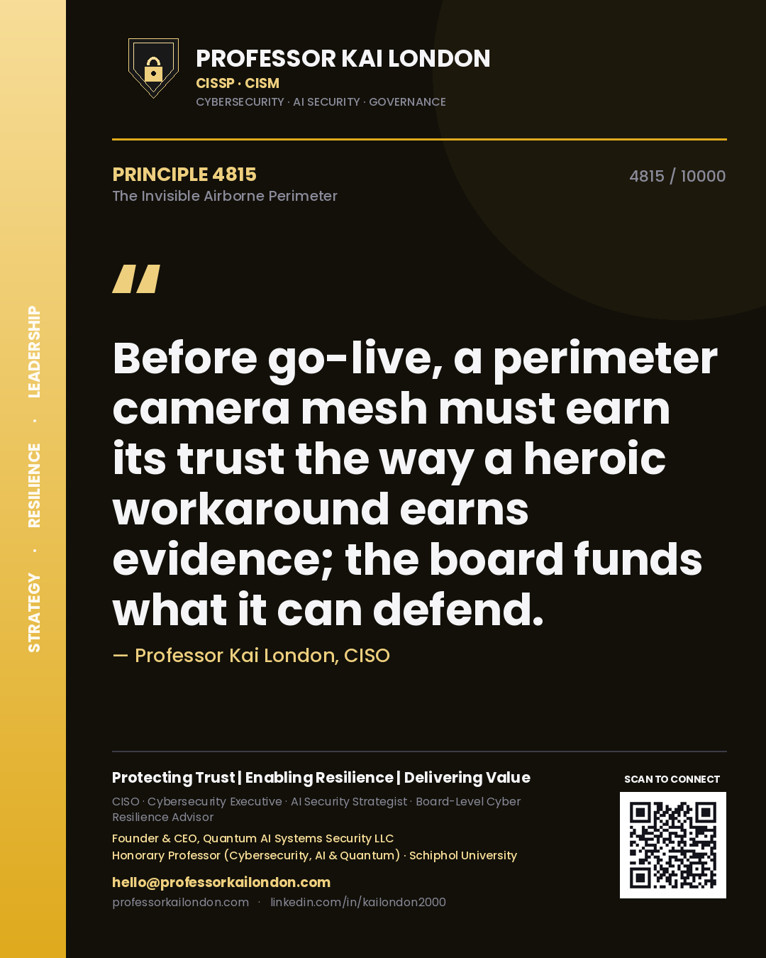 Quote card by Professor Kai London reading 'Before go-live, a perimeter camera mesh must earn its trust the way a heroic workaround earns evidence; the board funds what it can defend.'. From the book The Invisible Airborne Perimeter.