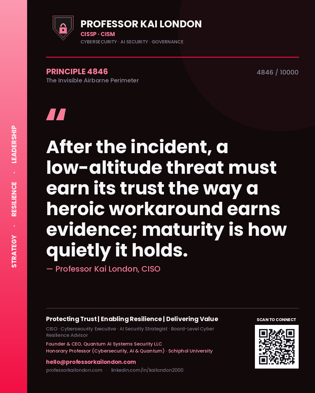 Professor Kai London principle 4846: After the incident, a low-altitude threat must earn its trust the way a heroic workaround earns evidence; maturity is how quietly it holds.