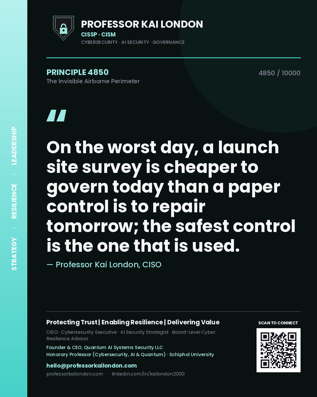 Quote card by Professor Kai London reading 'On the worst day, a launch site survey is cheaper to govern today than a paper control is to repair tomorrow; the safest control is the one that is used.'. From the book The Invisible Airborne Perimeter.