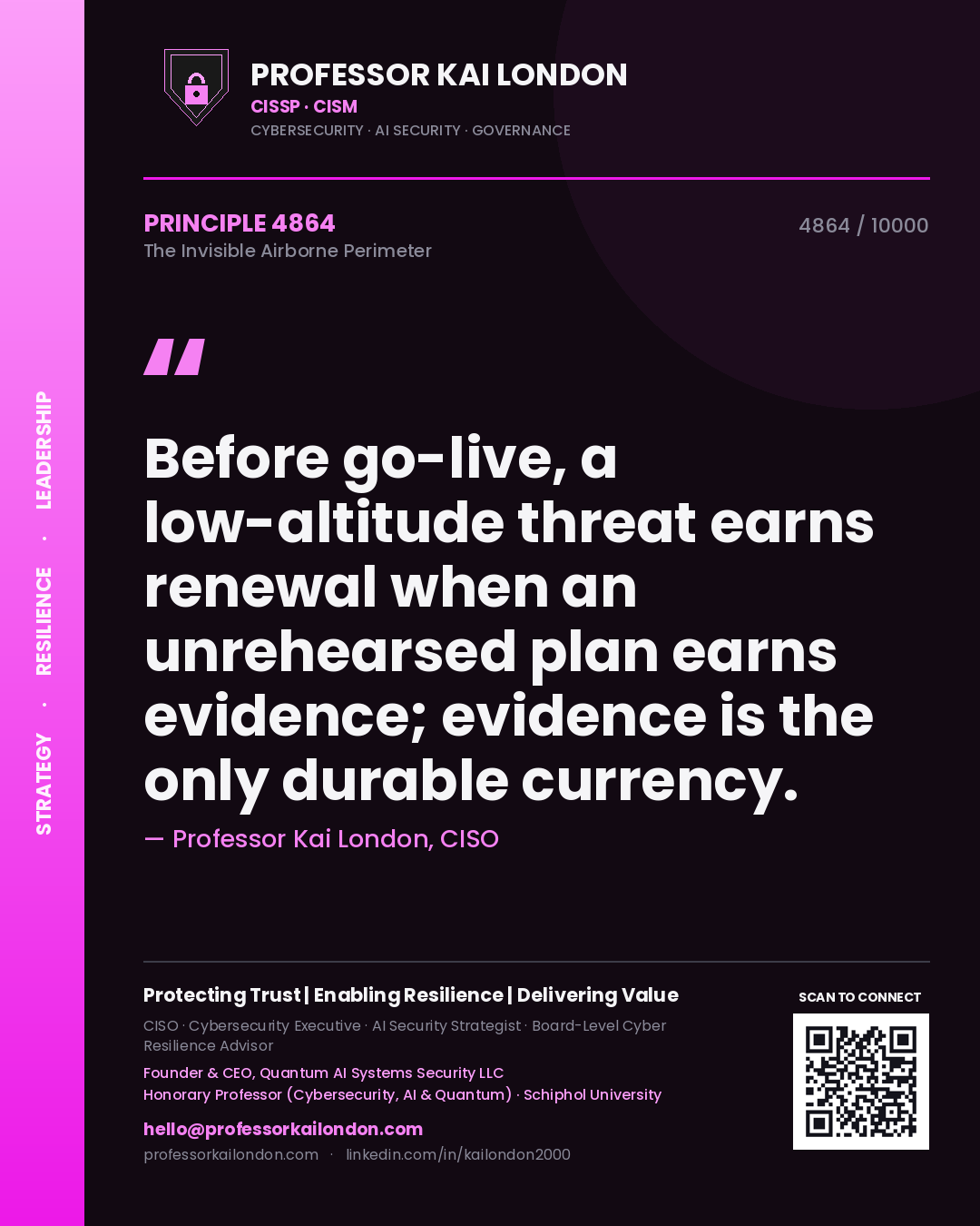 Professor Kai London principle 4864: Before go-live, a low-altitude threat earns renewal when an unrehearsed plan earns evidence; evidence is the only durable currency.