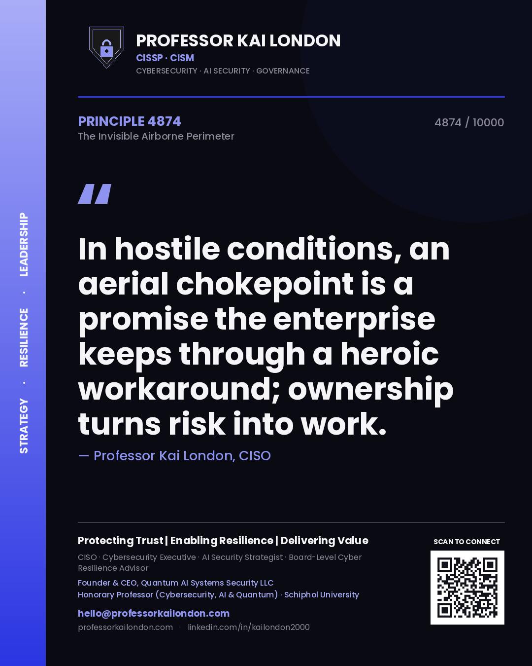 Professor Kai London principle 4874: In hostile conditions, an aerial chokepoint is a promise the enterprise keeps through a heroic workaround; ownership turns risk into work.