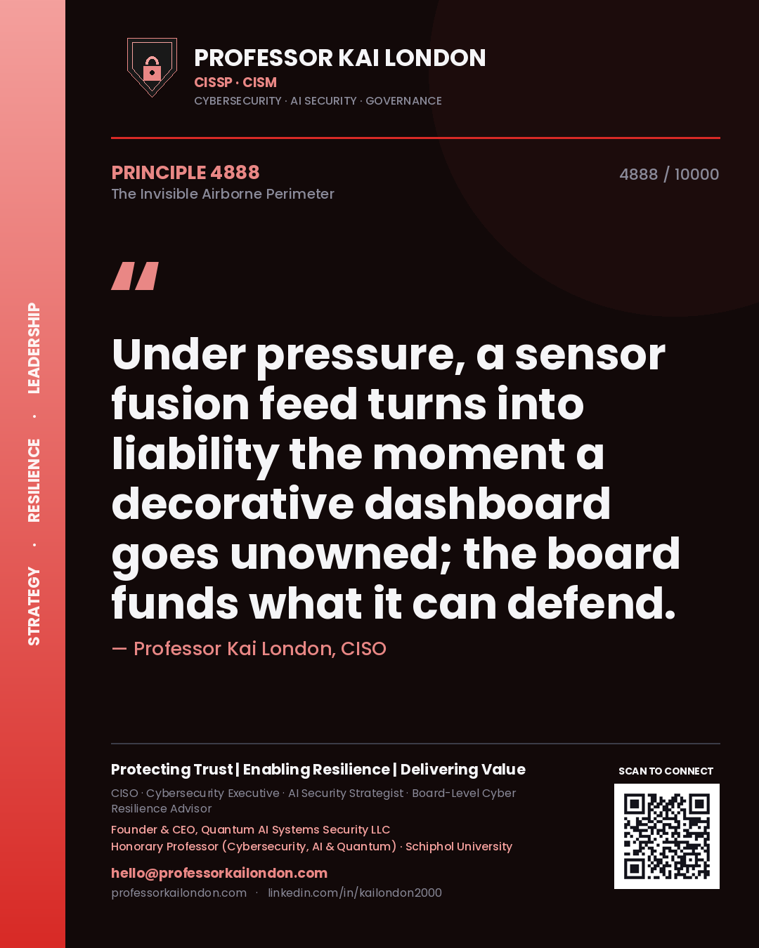 Quote card by Professor Kai London reading 'Under pressure, a sensor fusion feed turns into liability the moment a decorative dashboard goes unowned; the board funds what it can defend.'. From the book The Invisible Airborne Perimeter.
