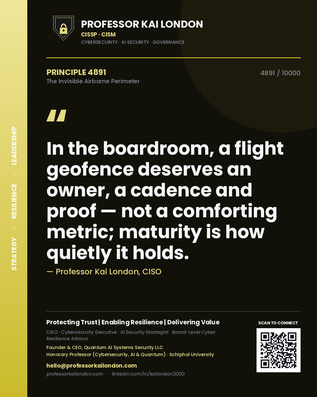 Quote card by Professor Kai London reading 'In the boardroom, a flight geofence deserves an owner, a cadence and proof — not a comforting metric; maturity is how quietly it holds.'. From the book The Invisible Airborne Perimeter.