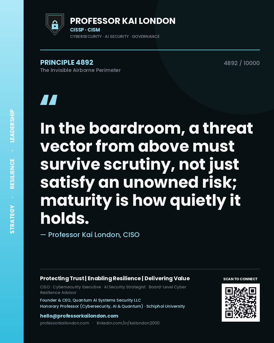 Professor Kai London principle 4892: In the boardroom, a threat vector from above must survive scrutiny, not just satisfy an unowned risk; maturity is how quietly it holds.