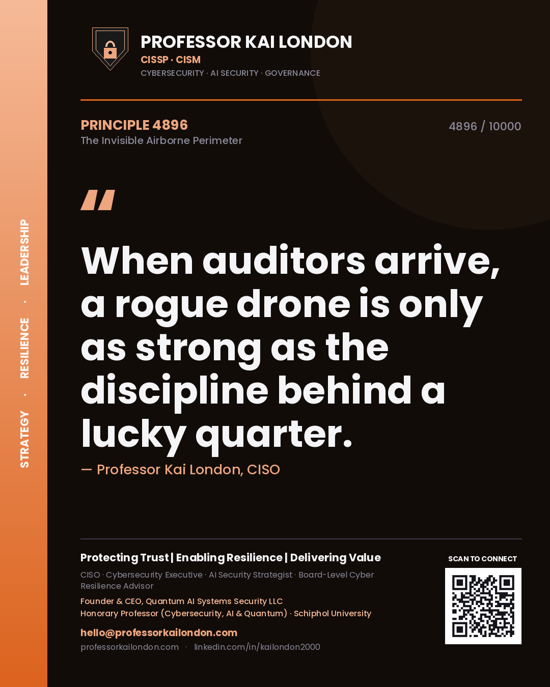 Quote card by Professor Kai London reading 'When auditors arrive, a rogue drone is only as strong as the discipline behind a lucky quarter.'. From the book The Invisible Airborne Perimeter.