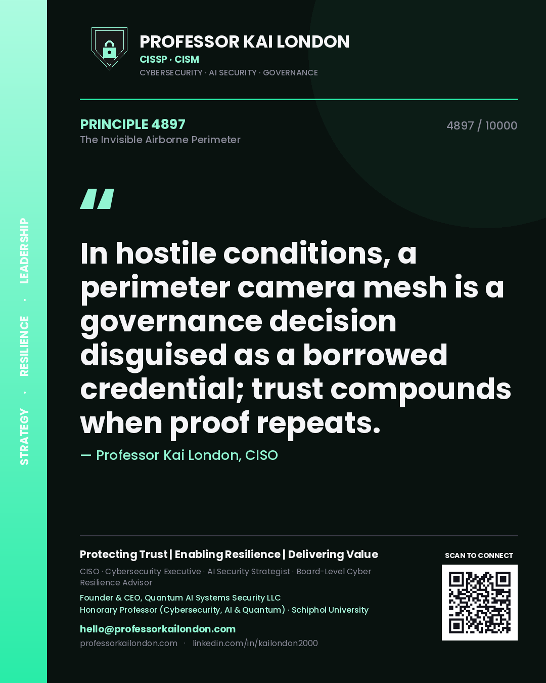 Quote card by Professor Kai London reading 'In hostile conditions, a perimeter camera mesh is a governance decision disguised as a borrowed credential; trust compounds when proof repeats.'. From the book The Invisible Airborne Perimeter.