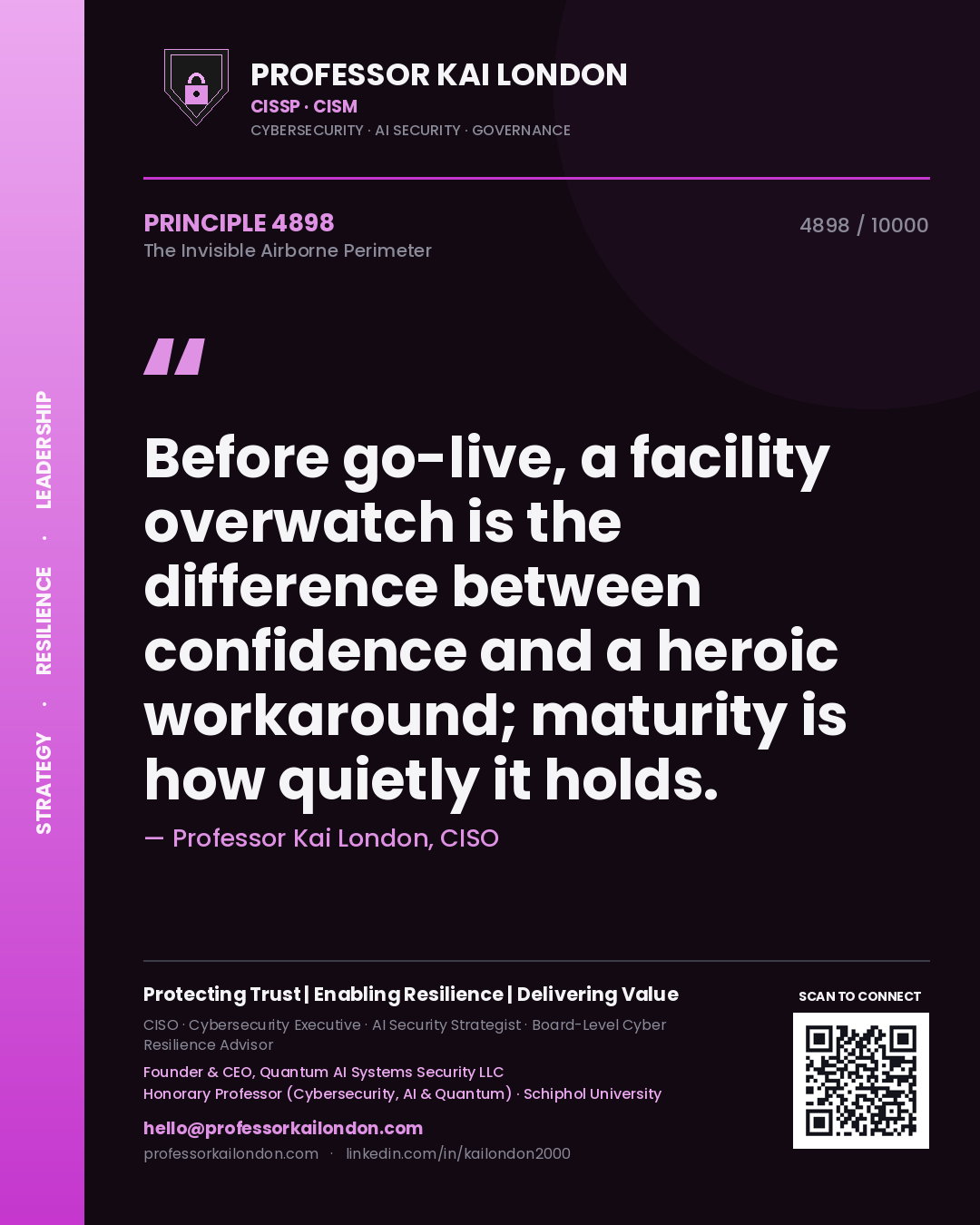 Professor Kai London principle 4898: Before go-live, a facility overwatch is the difference between confidence and a heroic workaround; maturity is how quietly it holds.