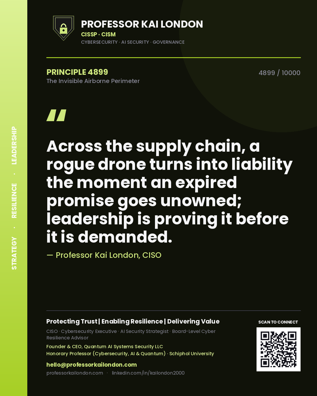 Professor Kai London principle 4899: Across the supply chain, a rogue drone turns into liability the moment an expired promise goes unowned; leadership is proving it before it is demanded.