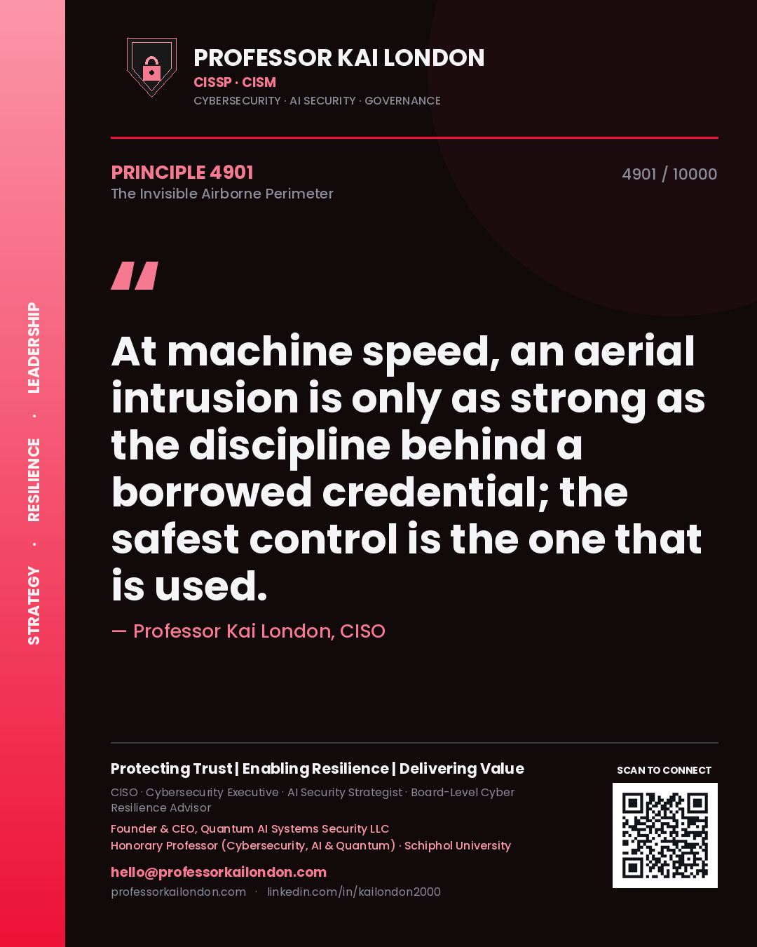 Quote card by Professor Kai London reading 'At machine speed, an aerial intrusion is only as strong as the discipline behind a borrowed credential; the safest control is the one that is used.'. From the book The Invisible Airborne Perimeter.