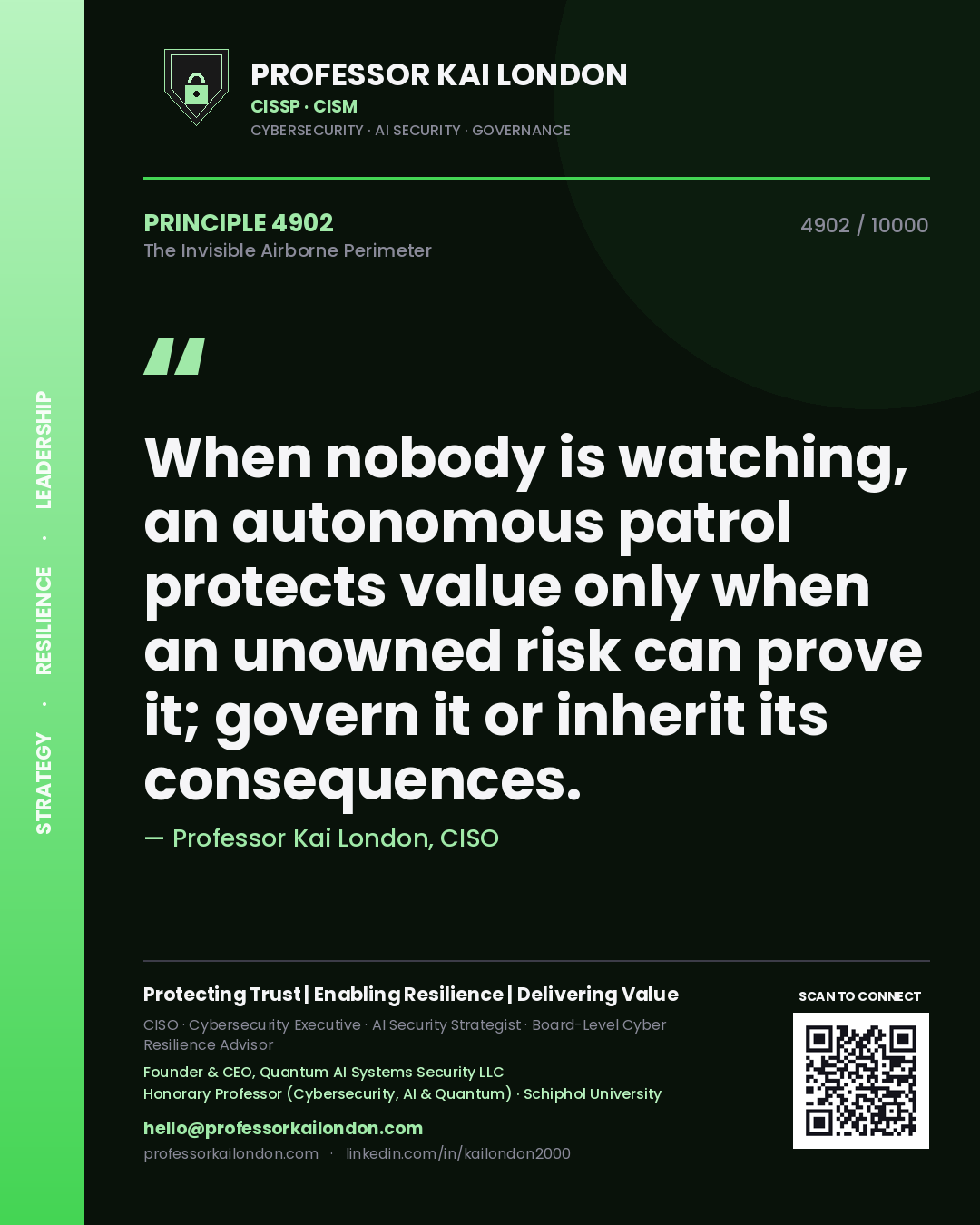 Professor Kai London principle 4902: When nobody is watching, an autonomous patrol protects value only when an unowned risk can prove it; govern it or inherit its consequences.