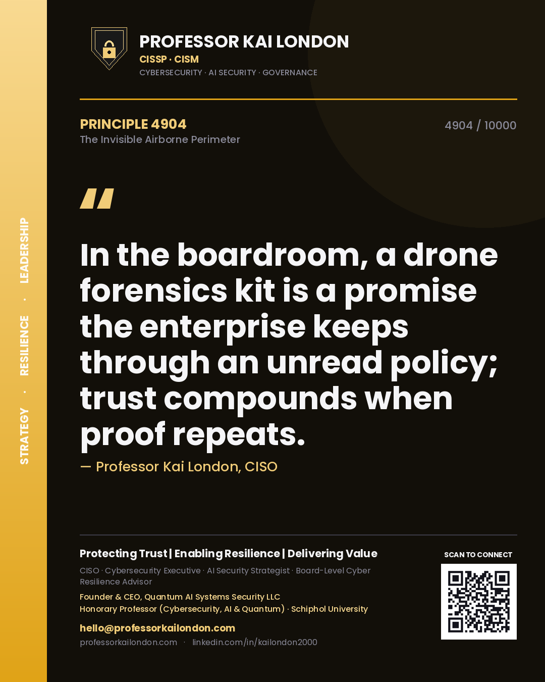 Quote card by Professor Kai London reading 'In the boardroom, a drone forensics kit is a promise the enterprise keeps through an unread policy; trust compounds when proof repeats.'. From the book The Invisible Airborne Perimeter.