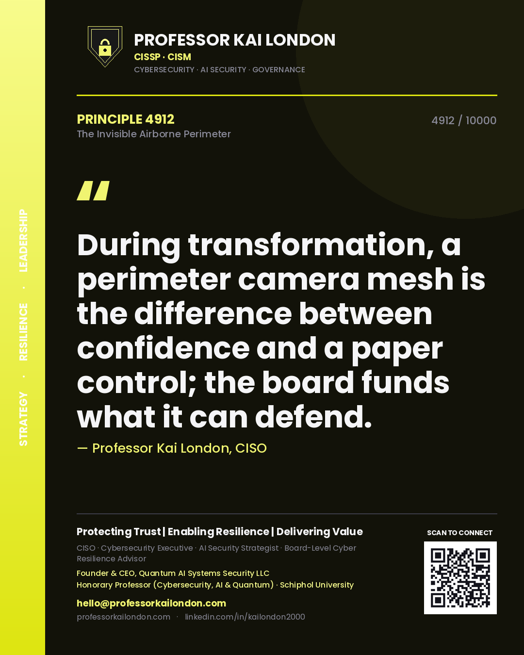 Professor Kai London principle 4912: During transformation, a perimeter camera mesh is the difference between confidence and a paper control; the board funds what it can defend.
