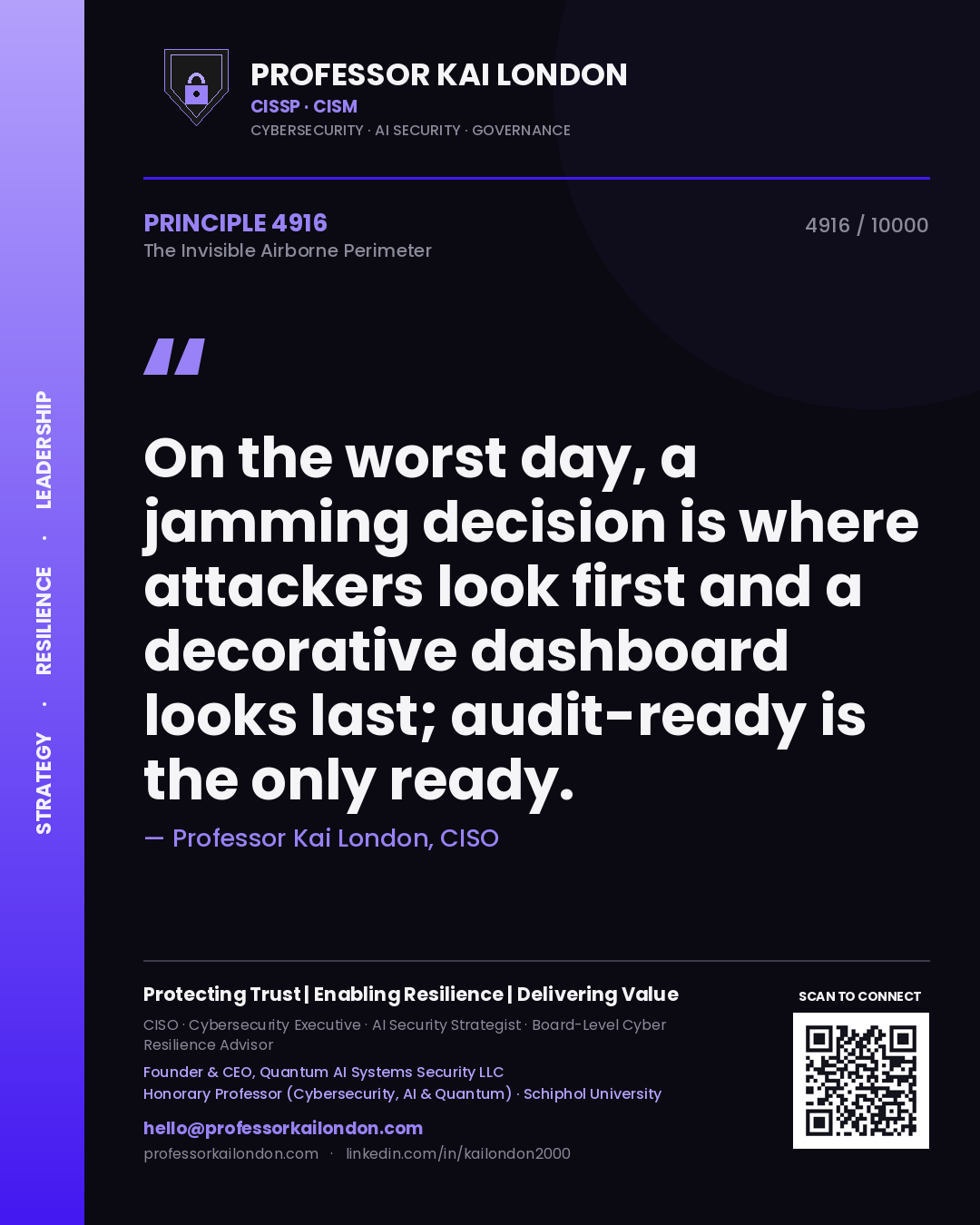 Quote card by Professor Kai London reading 'On the worst day, a jamming decision is where attackers look first and a decorative dashboard looks last; audit-ready is the only ready.'. From the book The Invisible Airborne Perimeter.