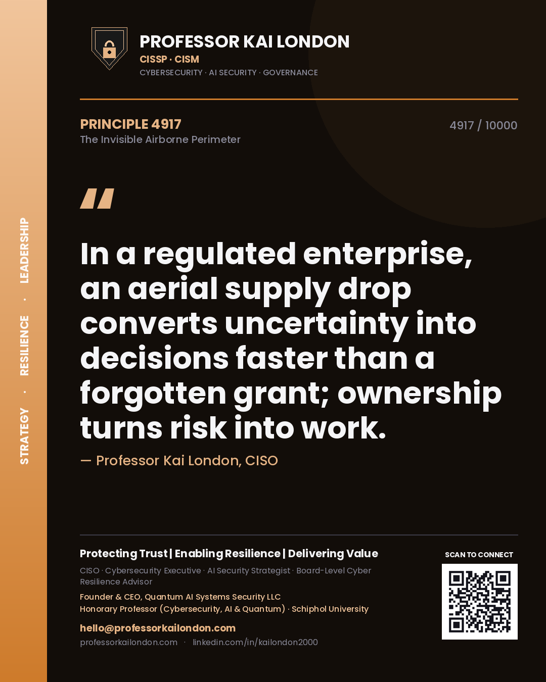 Quote card by Professor Kai London reading 'In a regulated enterprise, an aerial supply drop converts uncertainty into decisions faster than a forgotten grant; ownership turns risk into work.'. From the book The Invisible Airborne Perimeter.
