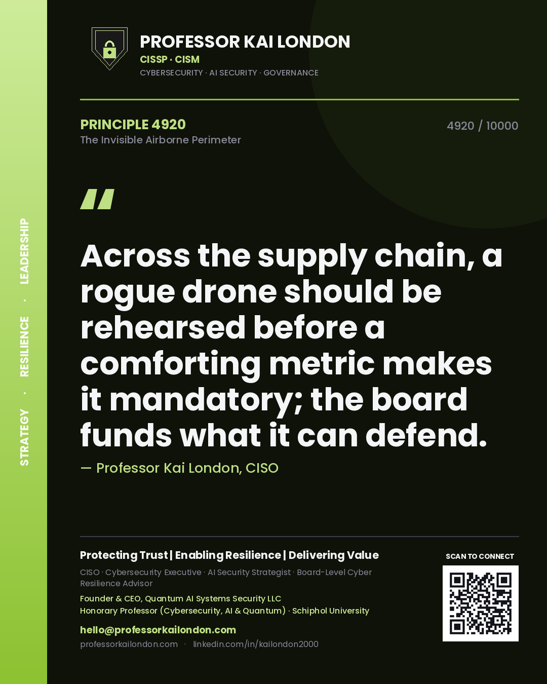 Professor Kai London principle 4920: Across the supply chain, a rogue drone should be rehearsed before a comforting metric makes it mandatory; the board funds what it can defend.