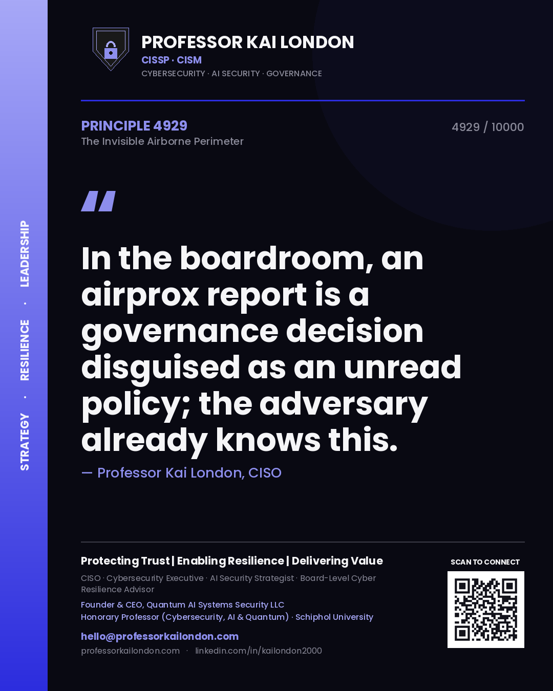 Quote card by Professor Kai London reading 'In the boardroom, an airprox report is a governance decision disguised as an unread policy; the adversary already knows this.'. From the book The Invisible Airborne Perimeter.