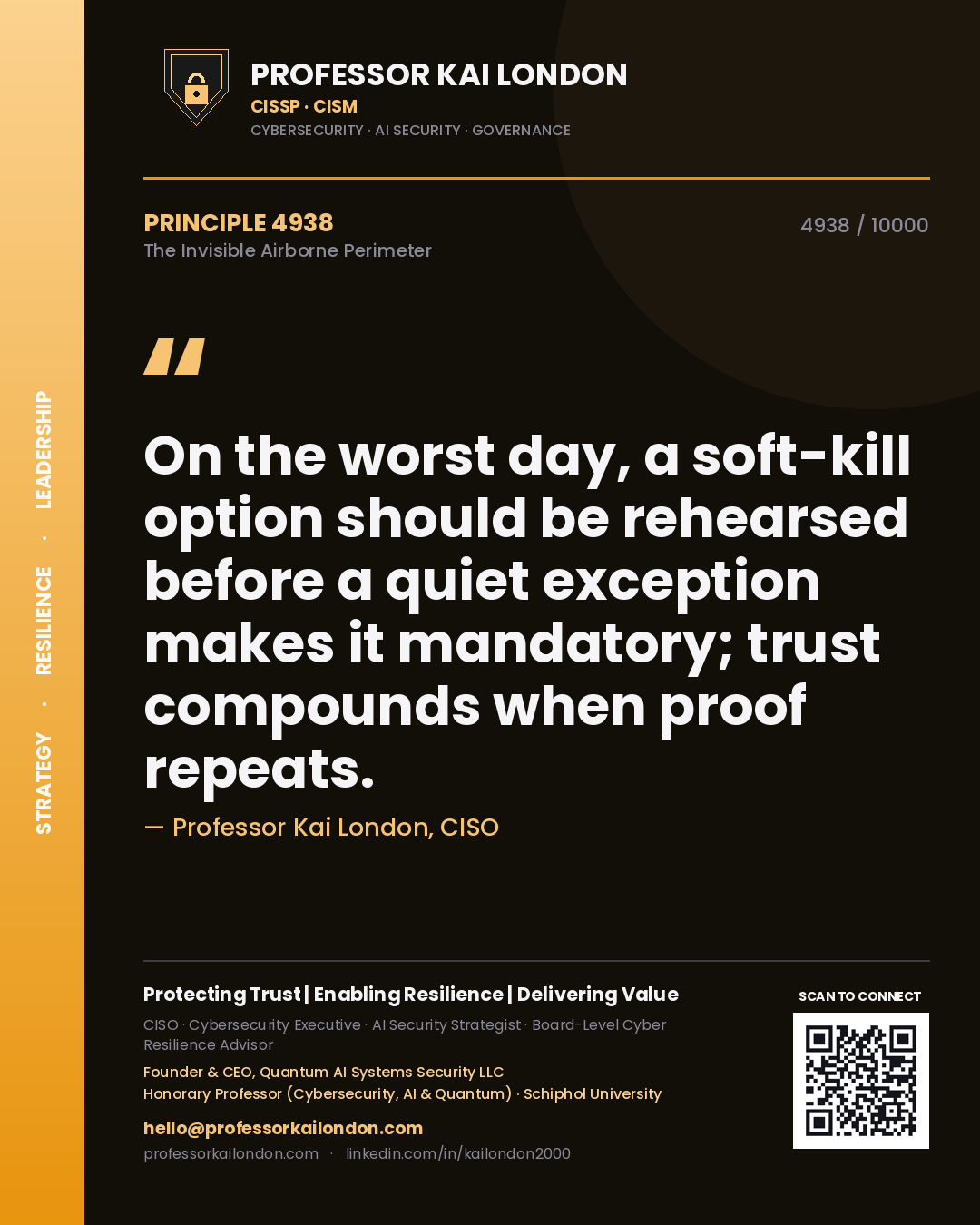 Quote card by Professor Kai London reading 'On the worst day, a soft-kill option should be rehearsed before a quiet exception makes it mandatory; trust compounds when proof repeats.'. From the book The Invisible Airborne Perimeter.