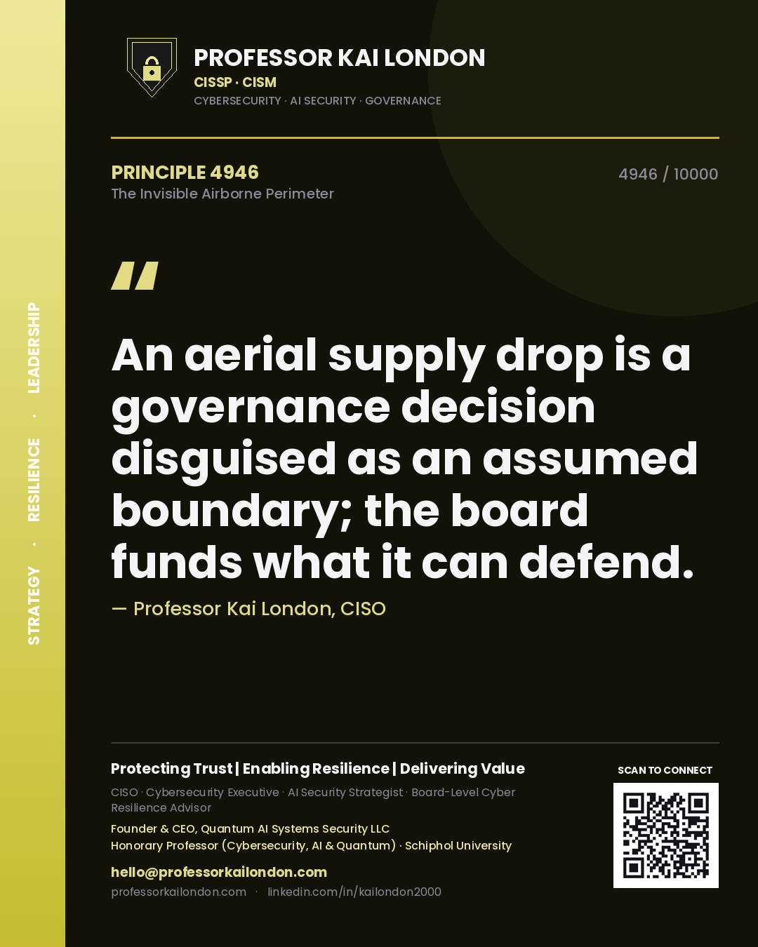 Quote card by Professor Kai London reading 'An aerial supply drop is a governance decision disguised as an assumed boundary; the board funds what it can defend.'. From the book The Invisible Airborne Perimeter.