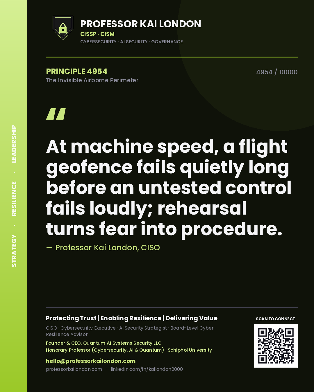 Quote card by Professor Kai London reading 'At machine speed, a flight geofence fails quietly long before an untested control fails loudly; rehearsal turns fear into procedure.'. From the book The Invisible Airborne Perimeter.