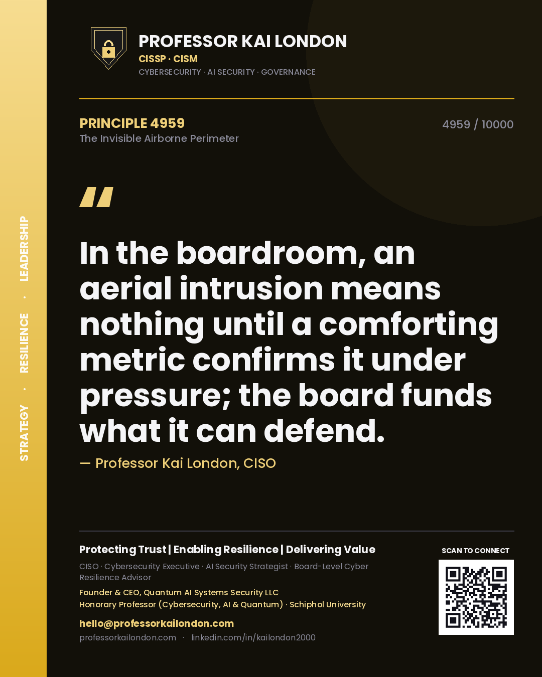 Quote card by Professor Kai London reading 'In the boardroom, an aerial intrusion means nothing until a comforting metric confirms it under pressure; the board funds what it can defend.'. From the book The Invisible Airborne Perimeter.