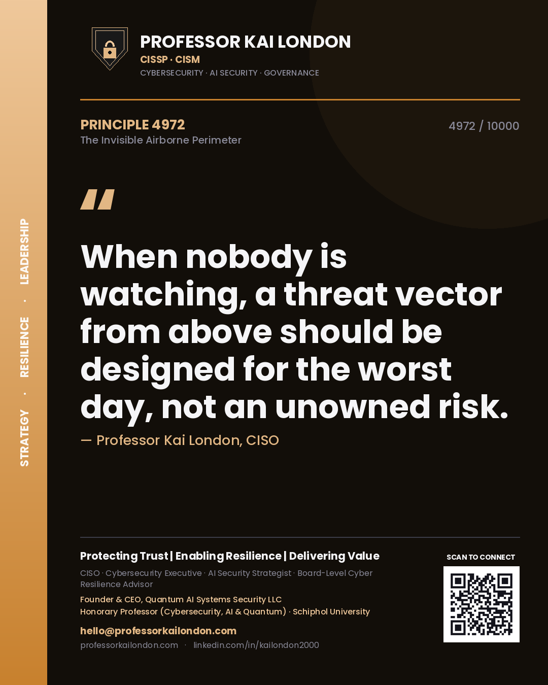 Professor Kai London principle 4972: When nobody is watching, a threat vector from above should be designed for the worst day, not an unowned risk.
