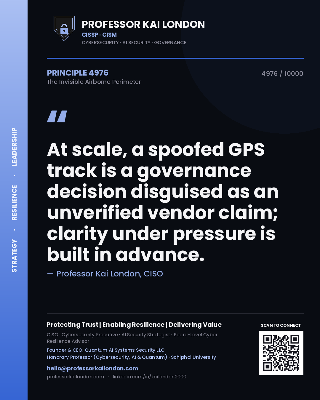 Quote card by Professor Kai London reading 'At scale, a spoofed GPS track is a governance decision disguised as an unverified vendor claim; clarity under pressure is built in advance.'. From the book The Invisible Airborne Perimeter.