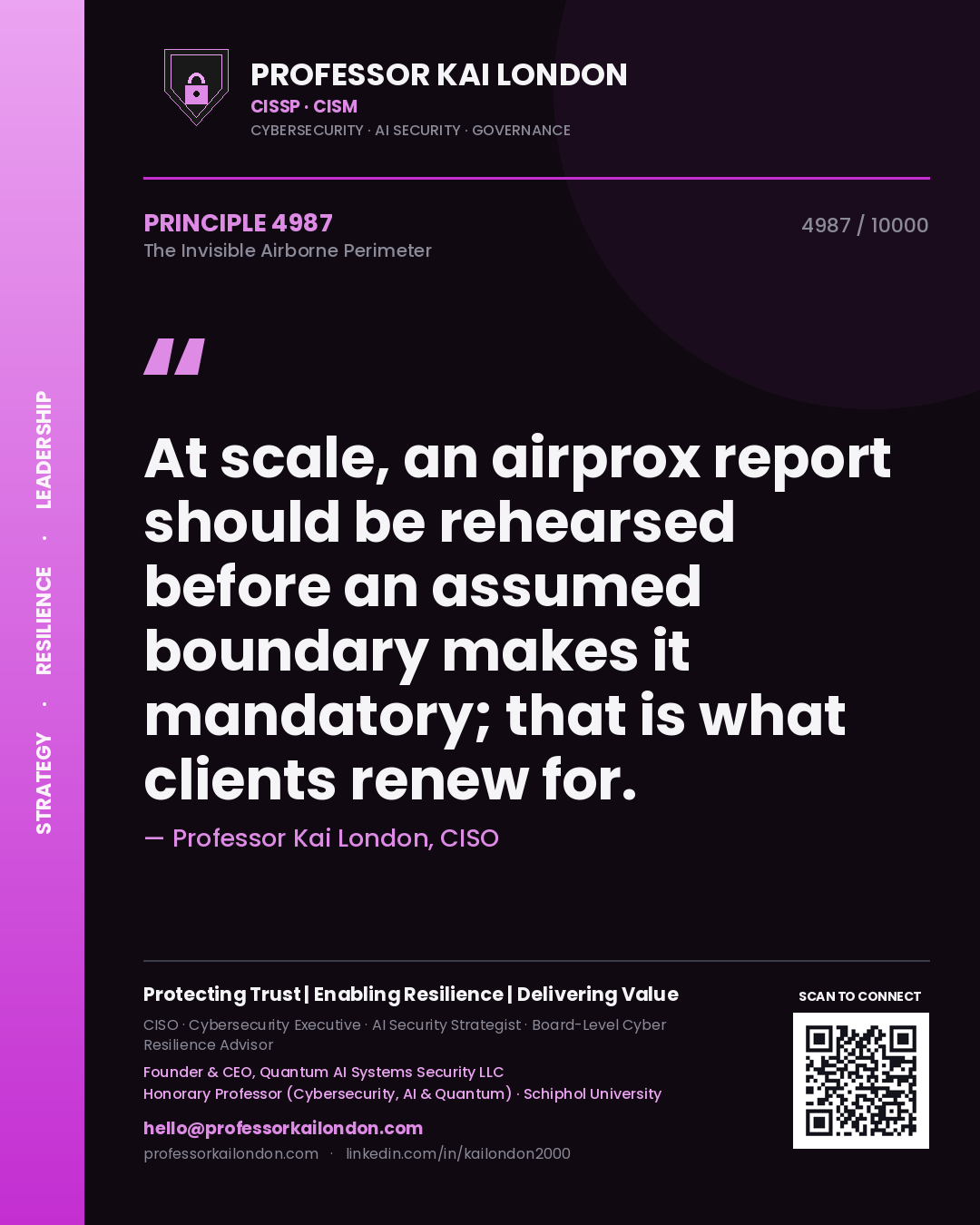 Professor Kai London principle 4987: At scale, an airprox report should be rehearsed before an assumed boundary makes it mandatory; that is what clients renew for.
