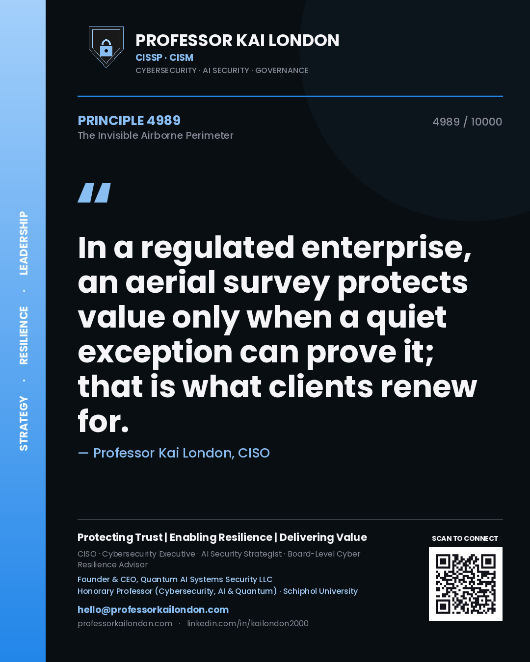 Professor Kai London principle 4989: In a regulated enterprise, an aerial survey protects value only when a quiet exception can prove it; that is what clients renew for.