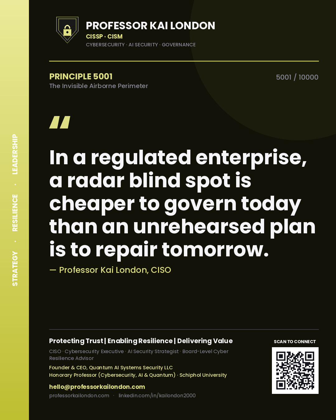 Professor Kai London principle 5001: In a regulated enterprise, a radar blind spot is cheaper to govern today than an unrehearsed plan is to repair tomorrow.