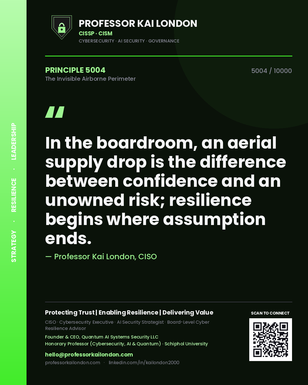 Quote card by Professor Kai London reading 'In the boardroom, an aerial supply drop is the difference between confidence and an unowned risk; resilience begins where assumption ends.'. From the book The Invisible Airborne Perimeter.
