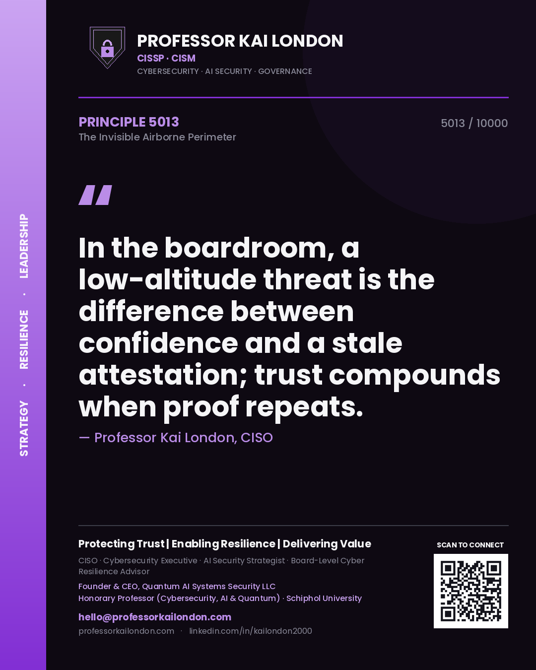 Professor Kai London principle 5013: In the boardroom, a low-altitude threat is the difference between confidence and a stale attestation; trust compounds when proof repeats.