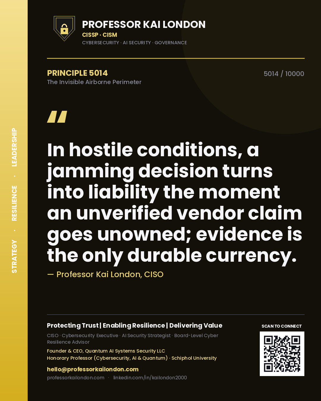 Professor Kai London principle 5014: In hostile conditions, a jamming decision turns into liability the moment an unverified vendor claim goes unowned; evidence is the only durable currency.